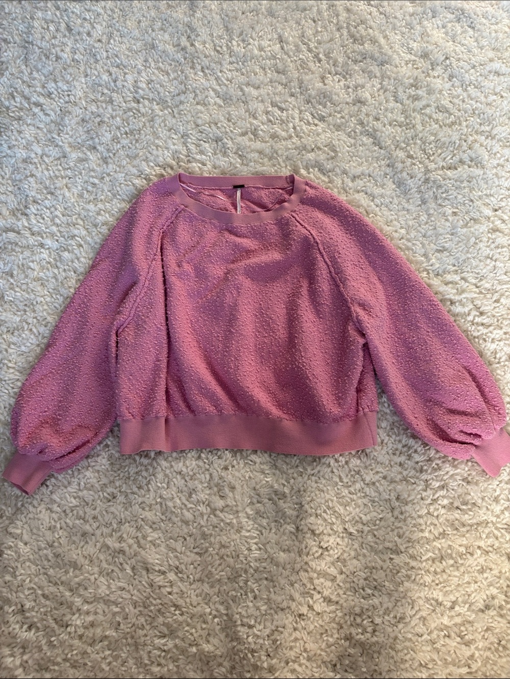 Free People Pink Textured Bubble Crewneck Sweater with Balloon Sleeves